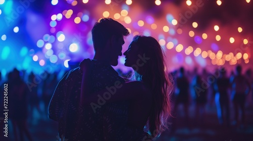 Silhouettes of Romantic Couple Dancing at Open-Air Festival with Colorful Bokeh Lights