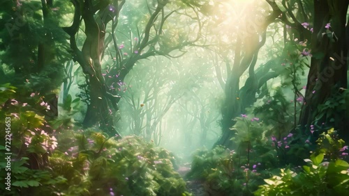 fantasy forest filled with beautiful flowers. 4k video animation photo