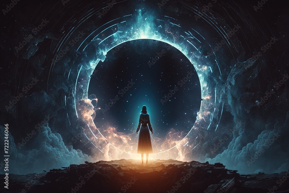 Obraz premium Woman in Front of a Portal Generative AI
