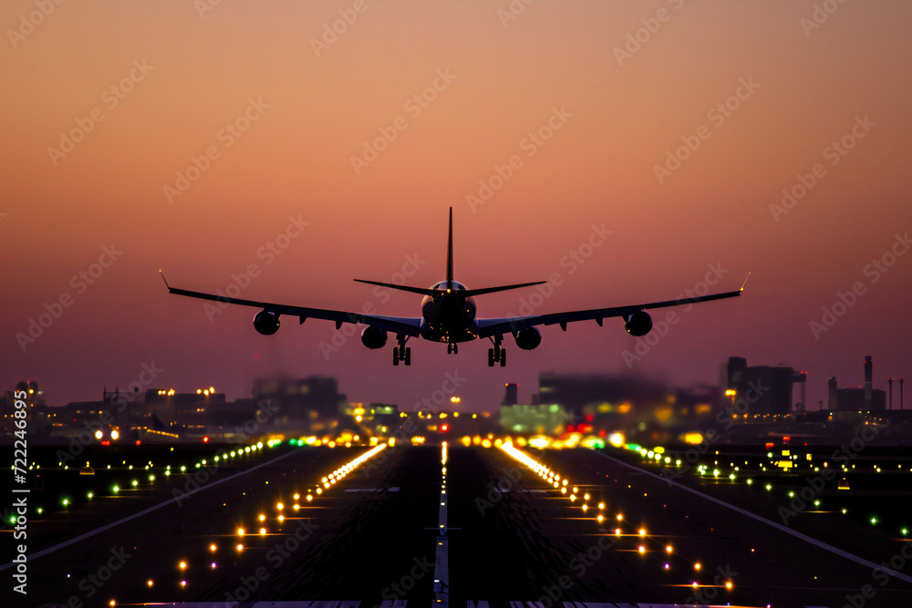 An airplane, landing at an airport at sunset. An airplane, landing at an airport at sunset.