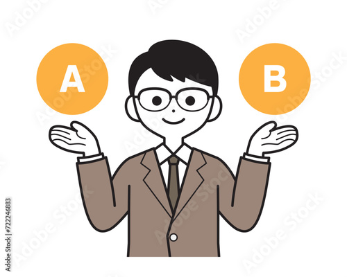 AとBを比較しているスーツ姿の男性