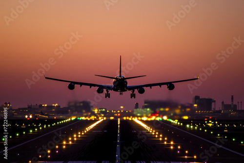 An airplane, landing at an airport at sunset.