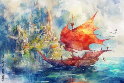A magical journey on a dragon ship. The scene features children aboard a meticulously crafted dragon ship, soaring through an imaginary sky
