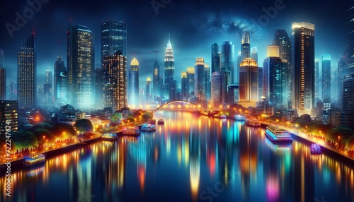 a Enchanted Evening: City Lights Reflection top-tier, non-blurry abstract digital environment, captivating and dynamic, featuring high-resolution details and vibrant, futuristic elements © Анастасия Малькова