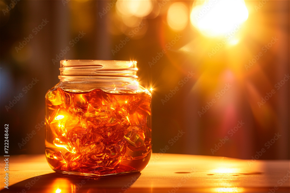 Golden lights in a glass jar full of liqiod gold on a wooden surface at sunset Golden lights in a glass jar full of liqiod gold on a wooden surface at sunset