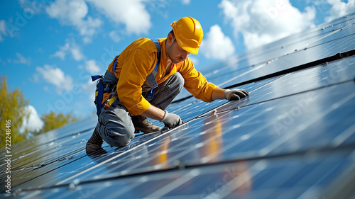 Wallpaper Mural male engineer installing solar photovoltaic panel system. Generative AI. Torontodigital.ca