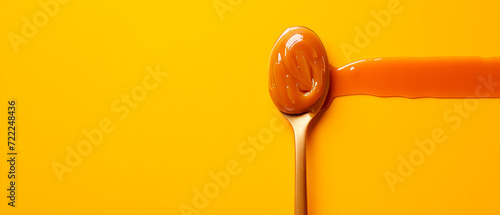 Flowing off a spoon caramel on vibrant yellow background. Banner with copy space. Confectionery concept