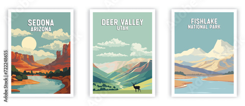 Fishlake, Deer Valley, Sedona Illustration Art. Travel Poster Wall Art. Minimalist Vector art