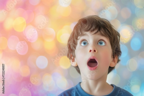 Portrait of a surprised young boy looking upwards against a bright background