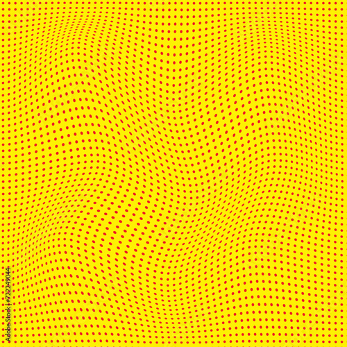 abstract small red color polka dot wavy distort pattern on yellow background