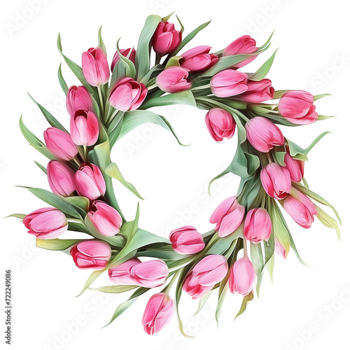 pink Tulips painted wreath isolated on transparent background with space for text