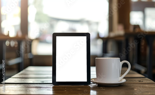 Business man working on tablet computer with blank screen and coffee cup. Generative AI.