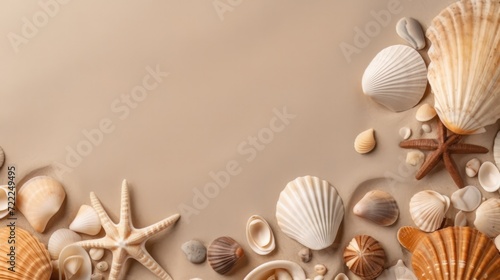 A clean summer beach mockup with seashells around, copy space place for text background