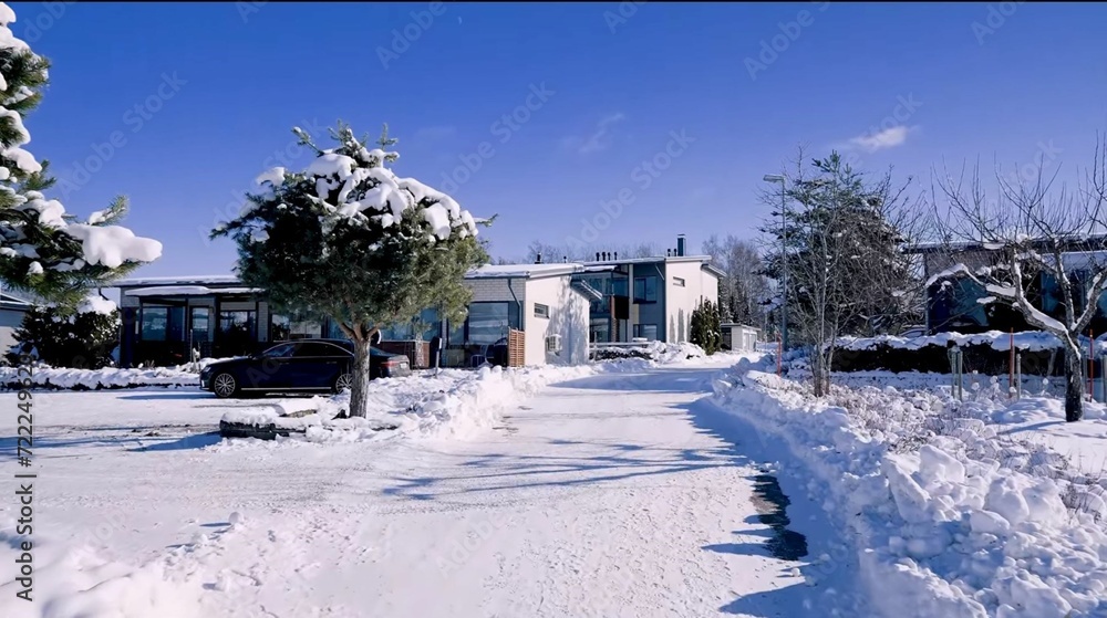 Sunny winter day in snowy Finnish village. Europe, Finland.   