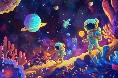 Children embark on a cosmic adventure. Kids dressed in makeshift astronaut costumes joyfully set out to uncover cosmic mysteries and meet their imaginary space friends