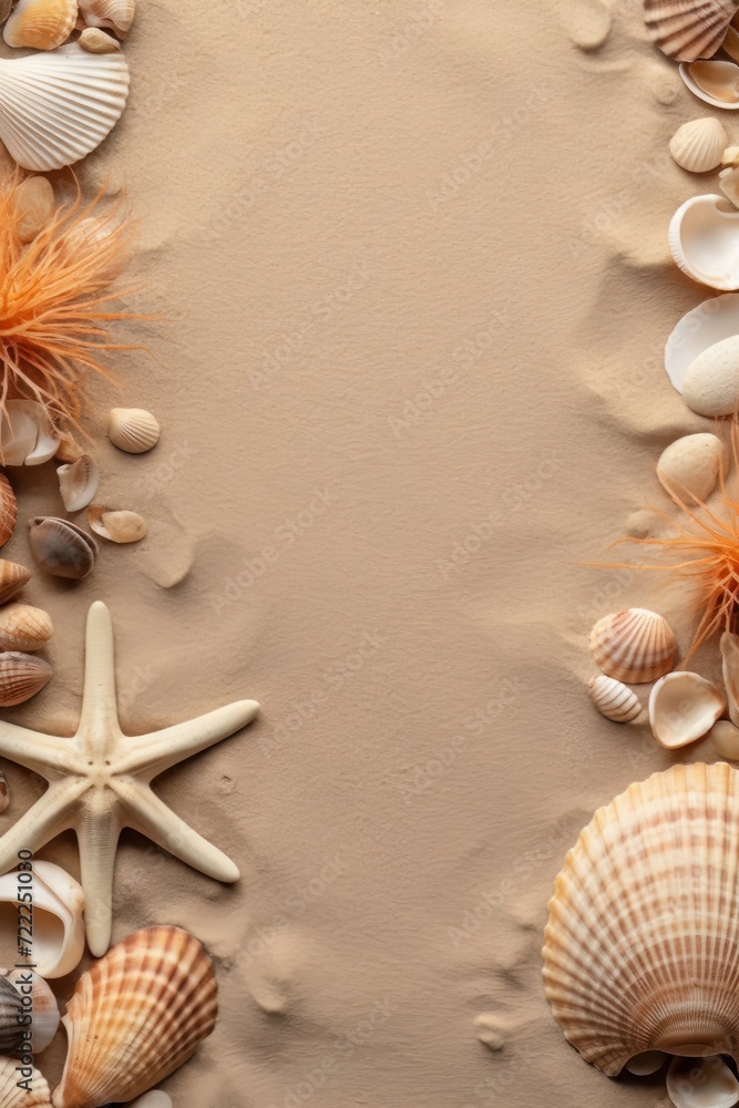 A clean summer beach mockup seen from above with seashells around, copy space place for text background A clean summer beach mockup seen from above with seashells around, copy space place for text background
