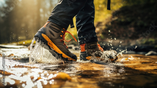 Hiking boot Crossing the stream. Legs on mountain trail during trekking in forest. Leather ankle shoes photo