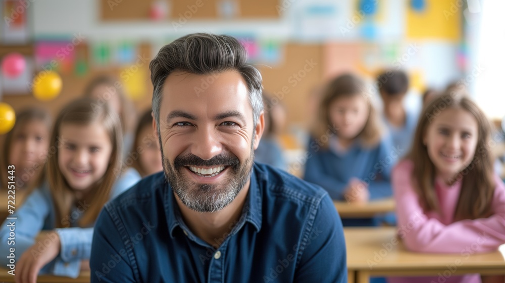 Smiling Male Teacher in Classroom with Students in Background Smiling Male Teacher in Classroom with Students in Background