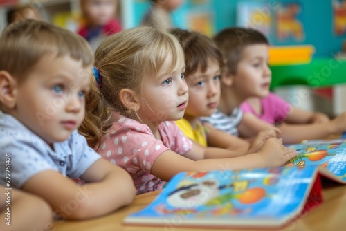 Children in kindergarten learn to read at a reading lesson