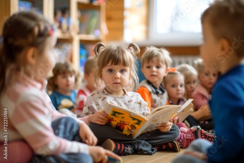 Children in kindergarten learn to read at a reading lesson photo