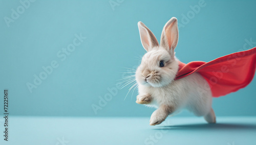 Superhero bunny, creative picture of cute animal wearing cape and mask jumping and flying on light background, copy space. Leader, funny animals studio shot