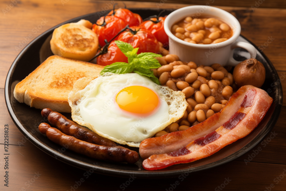 A full English breakfast, consisting of bacon, fried egg, sausage, mushrooms, baked beans, toast, hash brown and grilled tomatoes A full English breakfast, consisting of bacon, fried egg, sausage, mushrooms, baked beans, toast, hash brown and grilled tomatoes