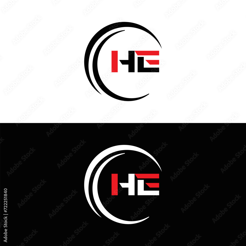 Obraz premium HE logo. H E design. White HE letter. HE, H E letter logo SET design. Initial letter HE linked circle uppercase monogram logo. H E letter logo SET vector design. HE letter logo design five