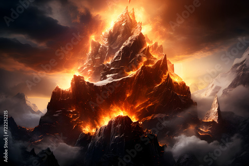 Illustration of a volcanic eruption with fire and smoke at night photo