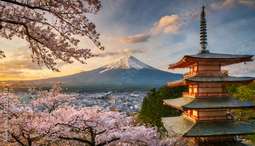 cherry blossoms, Chureito Pagoda and Mt.Fuji at sunset