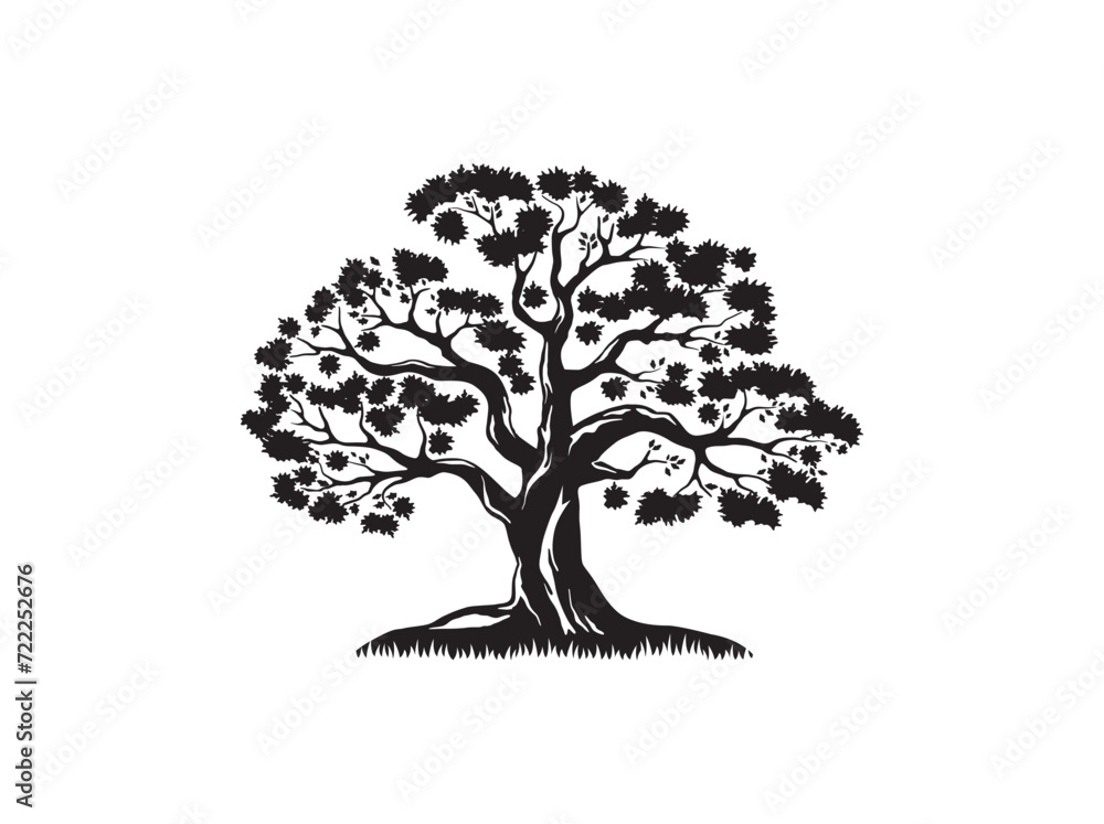 Obraz premium Single big Oak tree and leaves silhouette. Hand Drawn Old Oak Tree Vintage Vector Illustration