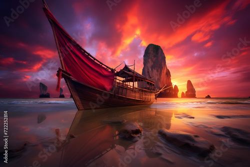 Wooden boats on the shore of a lake at sunset