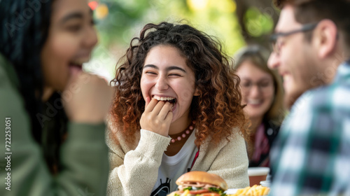 young woman with curly red hair is laughing heartily with her friends at an outdoor dining table