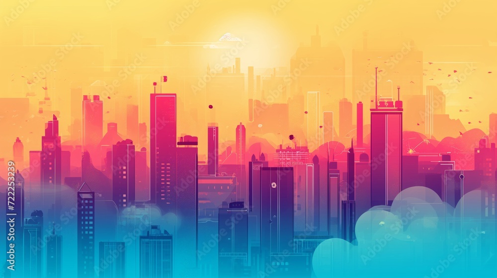 Cartoon Cityscape with Colorful Clouds