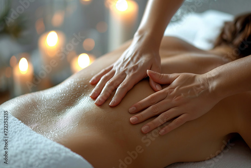 Top view of a masseuse's hands pressing on a woman's back.