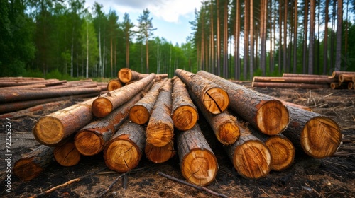 Forest pine and spruce trees. Log trunks pile, the logging timber wood industry. Wide banner or panorama wooden trunks.