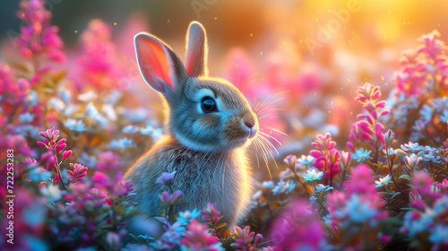 Cute fluffy funny little bunny rabbit among spring flowers in a garden.