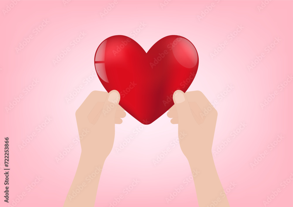 Hand Holding Red Heart on Pink Background. Concept of Valentine's Day and Mother's Day Concept. Vector Illustration. Hand Holding Red Heart on Pink Background. Concept of Valentine's Day and Mother's Day Concept. Vector Illustration.