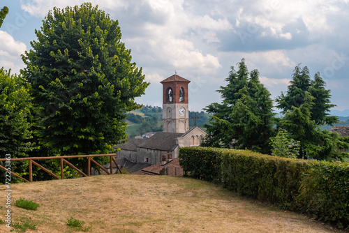 High-angle view of the Parish of St Lawrence (15-20th centuries) in the old village of the Alta Langa area in summer, Murazzano, Cuneo, Piedmont, Italy