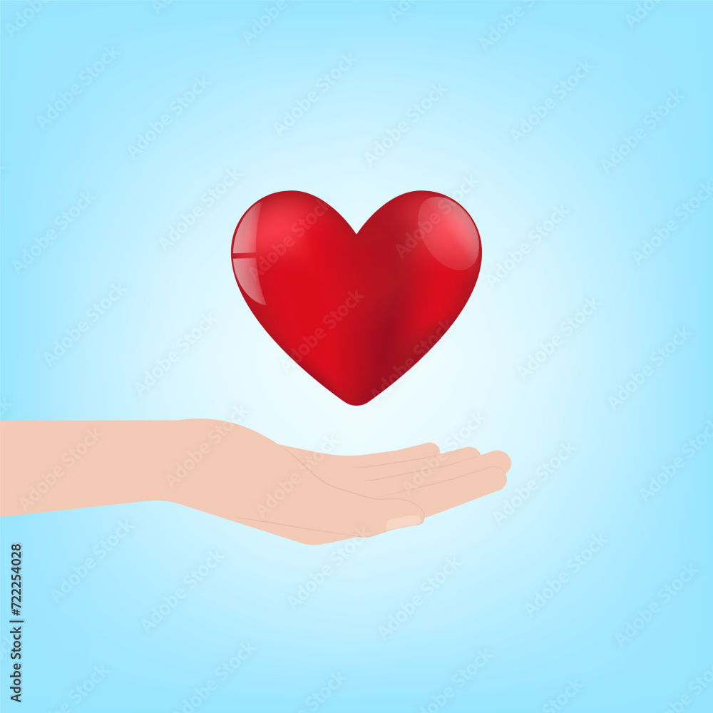 Hand Holding Red Heart on Blue Background. Concept of Valentine's Day and Mother's Day Concept. Vector Illustration. Hand Holding Red Heart on Blue Background. Concept of Valentine's Day and Mother's Day Concept. Vector Illustration.