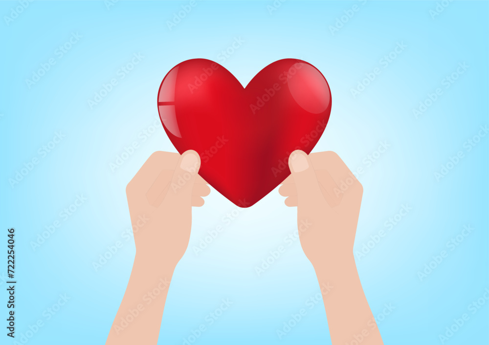 Hand Holding Red Heart on Blue Background. Concept of Valentine's Day and Mother's Day Concept. Vector Illustration. Hand Holding Red Heart on Blue Background. Concept of Valentine's Day and Mother's Day Concept. Vector Illustration.