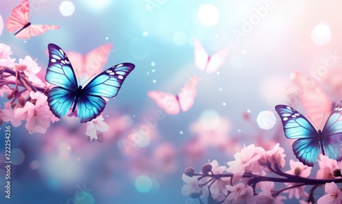 Fluttering blue butterfly and purple wildflowers on the field in sunlight. Floral spring concept for background, banner or greeting card with copy space © ratatosk