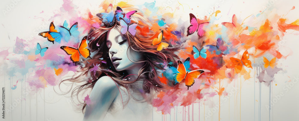 illustration of a banner with a woman portrait with painted butterflies - obrazy, fototapety, plakaty 