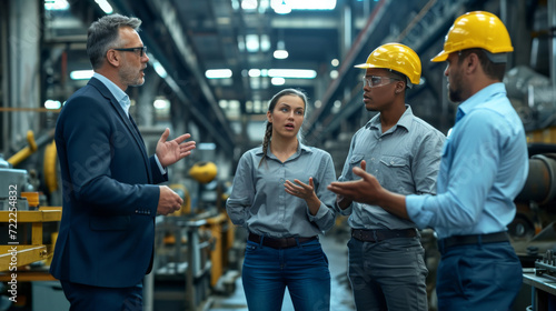 group of professionals in a discussion at an industrial facility