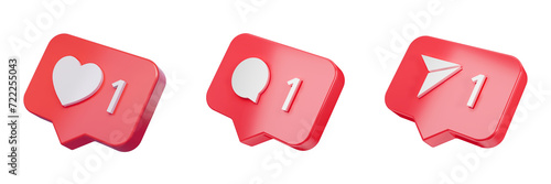 Like, comment, direct message in speech bubble icon isolated on empty background. Love like heart social media notification icon. Emoji, chat and Social Network. 3d rendering, 3d illustration.