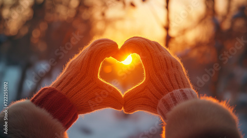Hands in winter gloves Heart symbol shaped Lifestyle and Feelings concept with sunset light nature  on background