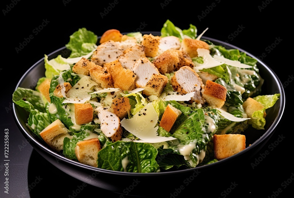 Chicken caesar salad with croutons and dressing on a black background. Chicken caesar salad with croutons and dressing on a black background.