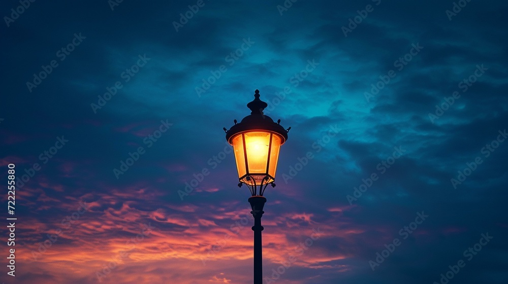 Photograph a solitary street lamp at dusk, with the sky transitioning from day to night. Use the fading natural light to create an elegant and moody atmosphere. [barrister is a mas