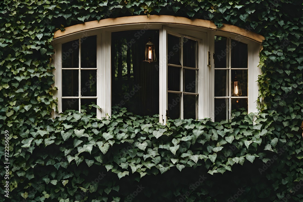 Fototapeta premium Secret Garden Portal - Window Surrounded by Lush Dark Green Ivy