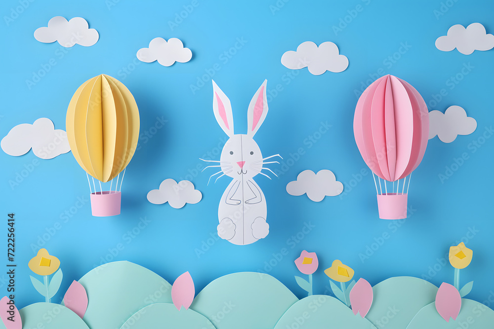 Bunny with hot air balloons in the sky. Paper art background for Easter Day. Bunny with hot air balloons in the sky. Paper art background for Easter Day.