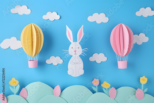 Bunny with hot air balloons in the sky. Paper art background for Easter Day.